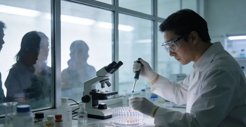 身着白大褂的实验员在生物安全柜