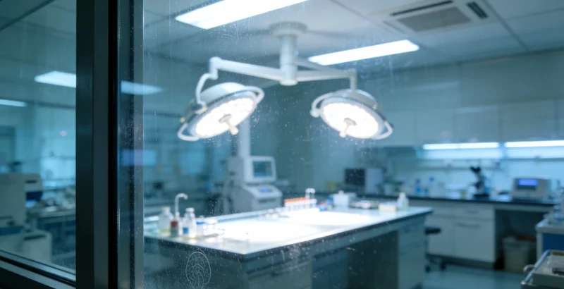 专业人士正在解读基因检测报告，背景有血液细胞科学示意图