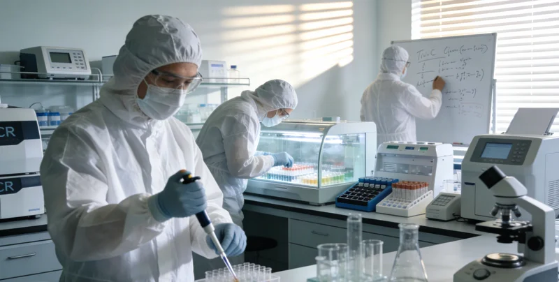 专业基因检测实验室内部,技术人员正在操作精密仪器