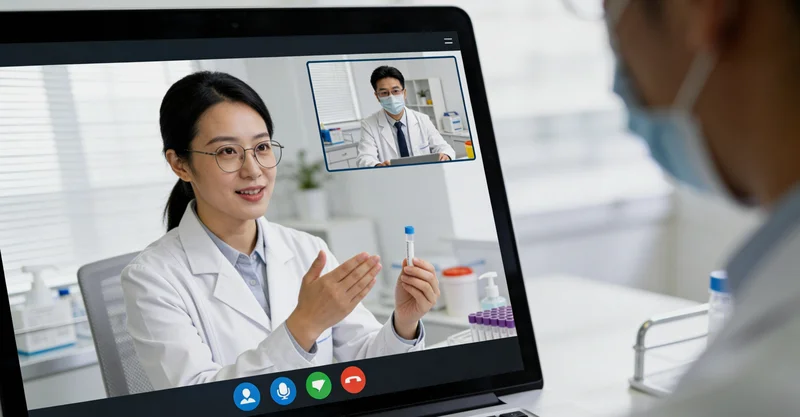 医生在办公室内，正指着灯片上的