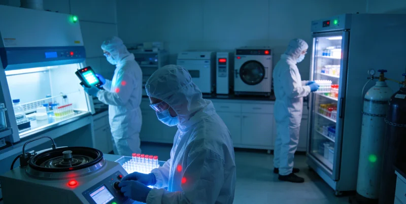 一份专业的基因检测报告,旁边有试管和显微镜,象征精准分析