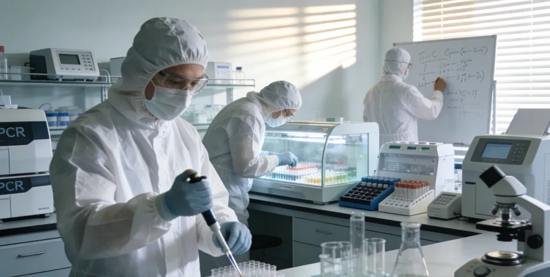 科研人员正在生物安全柜内处理样