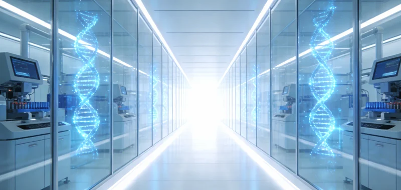 一位女士在诊室内认真查看基因检