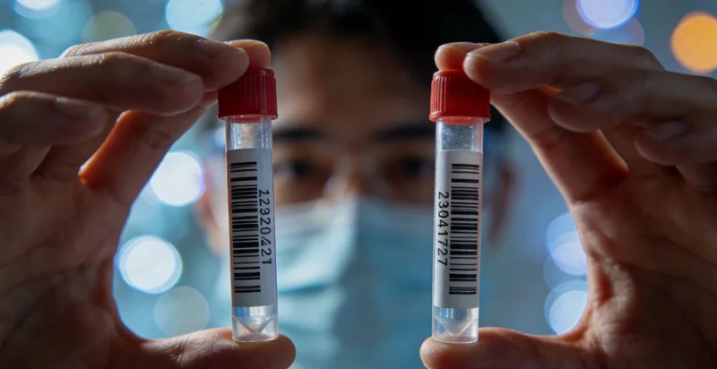 身着防护服的检测员在生物安全柜