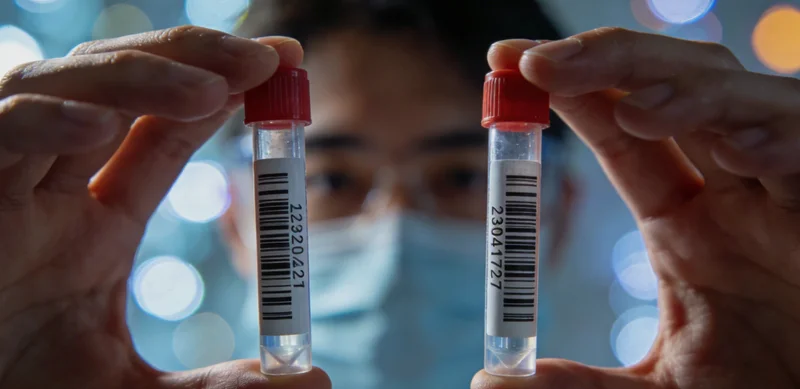 护士正在规范采集血液样本,旁边