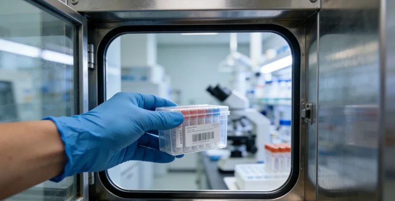 专业人士正在向女性用户解读基因检测报告,手指向报告关键数据