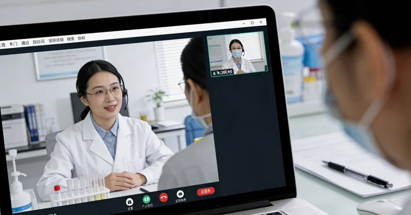 医生在诊室中,与患者家属一起查