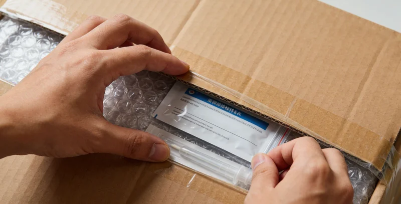 一位女性在仓库环境中整理快递包