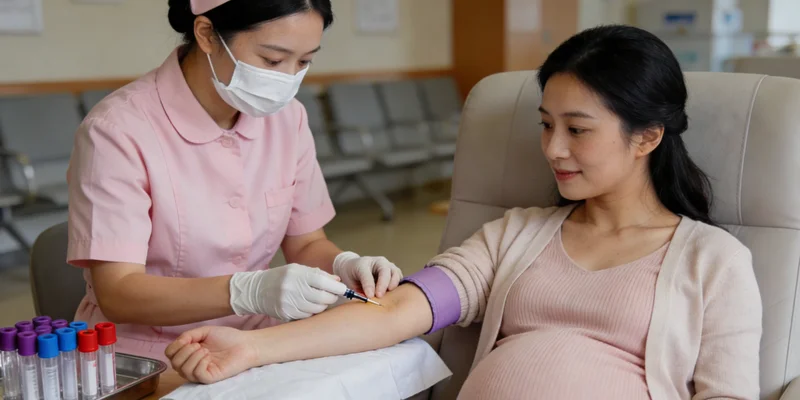 海东市民在讨论健康体检报告，背景为海东地标建筑，体现普遍健康关注