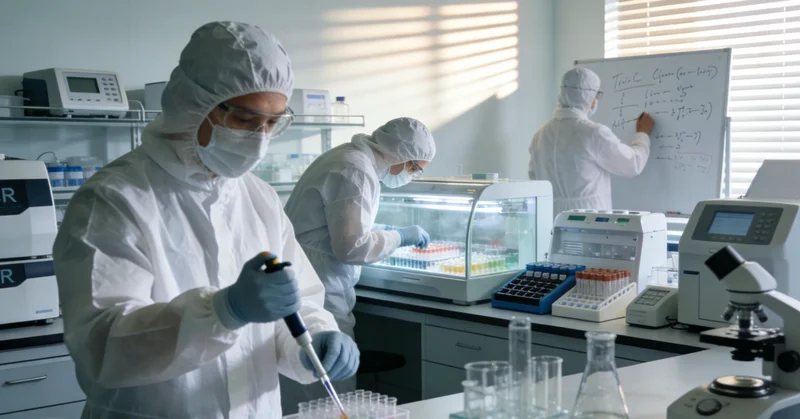 高科技医学实验室内部，技术人员