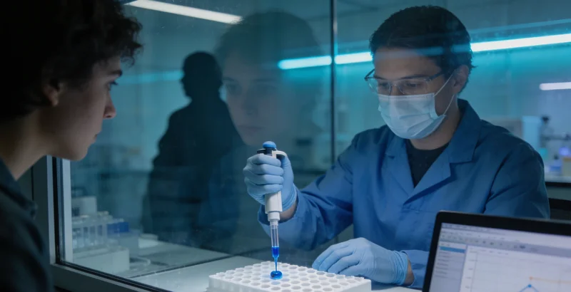 专业人士在实验室分析基因检测报告