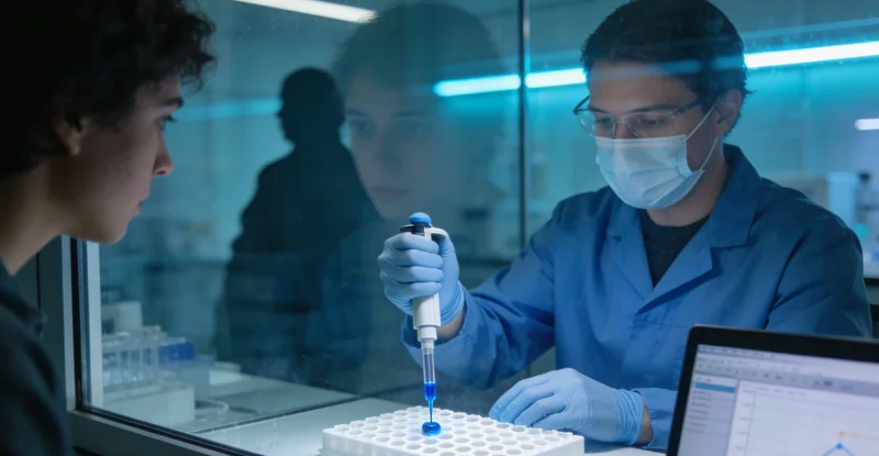 在洁净实验室中，身着防护服的技