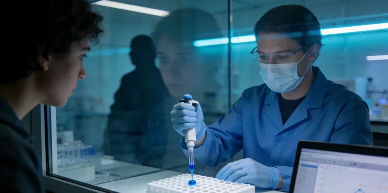 现代化基因检测实验室内，科研人员正在操作精密仪器进行样本分析