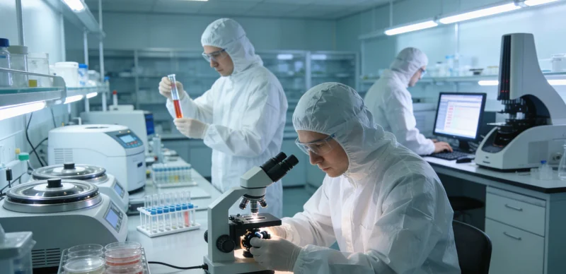 专业医学实验室内，技术人员正在