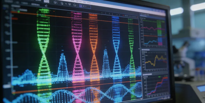电脑屏幕上显示着复杂的生物信息