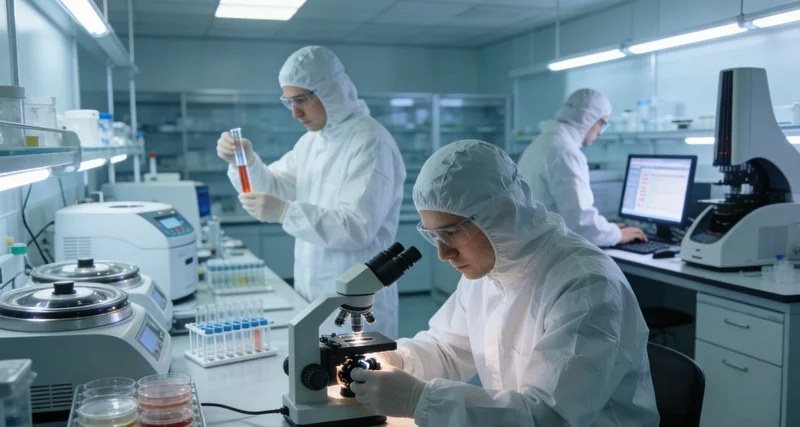 专业人员正在解读一份基因检测报告，旁边放着笔记本电脑和资料