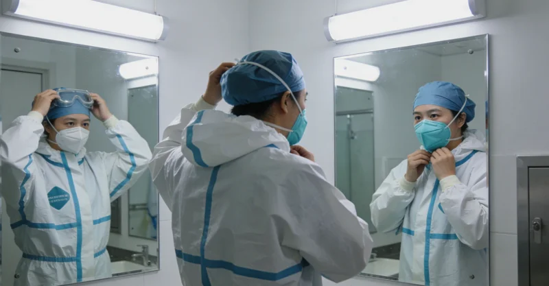 实验室技术人员在生物安全柜内进