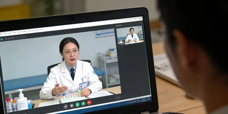 医生在诊室中耐心为咨询者解读H