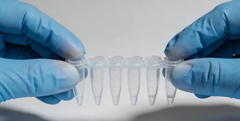 专业人士在电脑前解读基因检测报告，旁边有家庭合影，体现健康守护