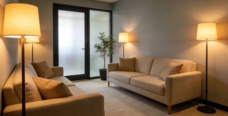 特写一位女性在家中使用口腔拭子采样套件，表情认真但放松