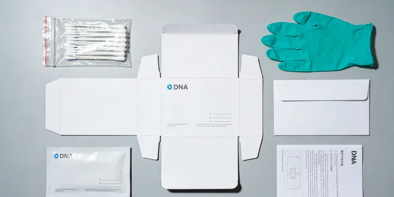 桌上摆放着设计简洁的基因检测居家采样包组件,旁边有一台显示预约流程的平板电脑