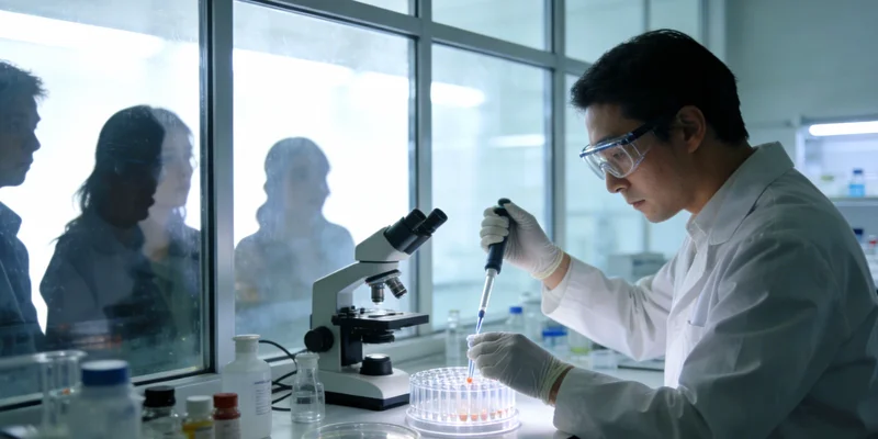 在明亮的实验室内，身着防护服的