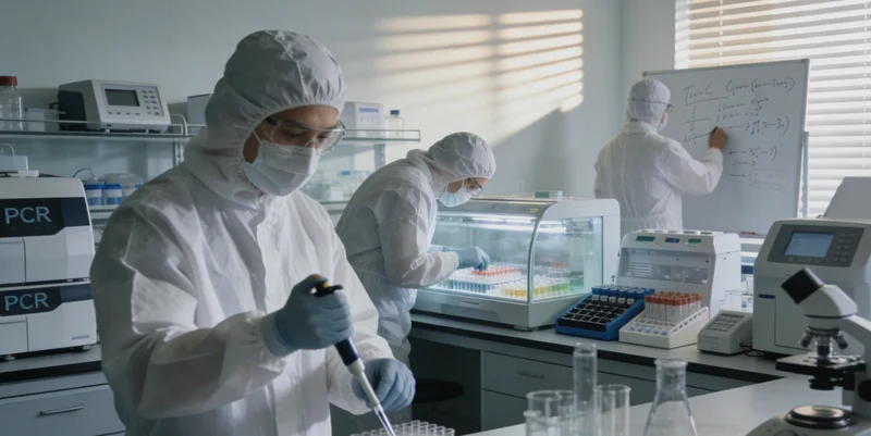 实验室内，检验人员正在无菌操作