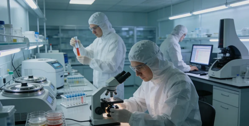 专业医学实验室内，技术人员正在