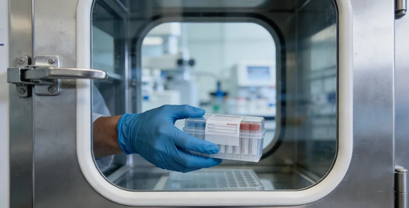 专业人士在灯光下解读甲状腺基因检测报告的特写