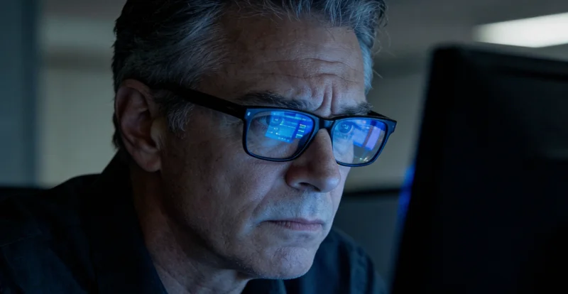 一位医生在诊室查看化验单，面露