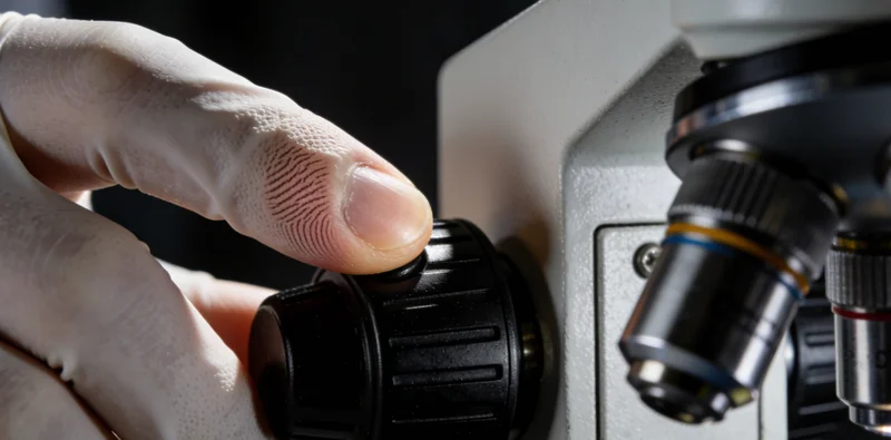 医学专家正在通过显微镜和电脑分