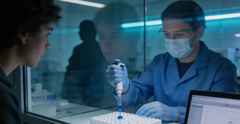 专业的基因测序实验室内部，技术人员正在操作精密仪器