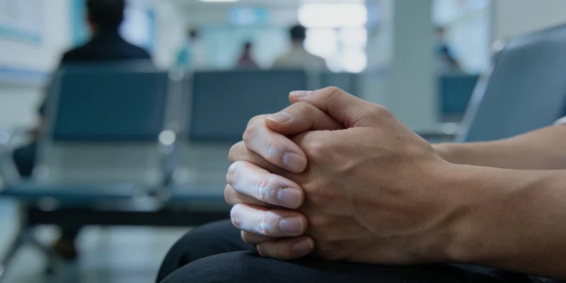 温馨的家庭合影,旁注‘主动筛查