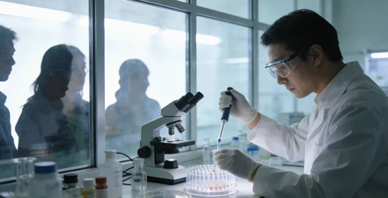 现代化基因检测实验室内景,展示精密仪器与科研人员工作场景