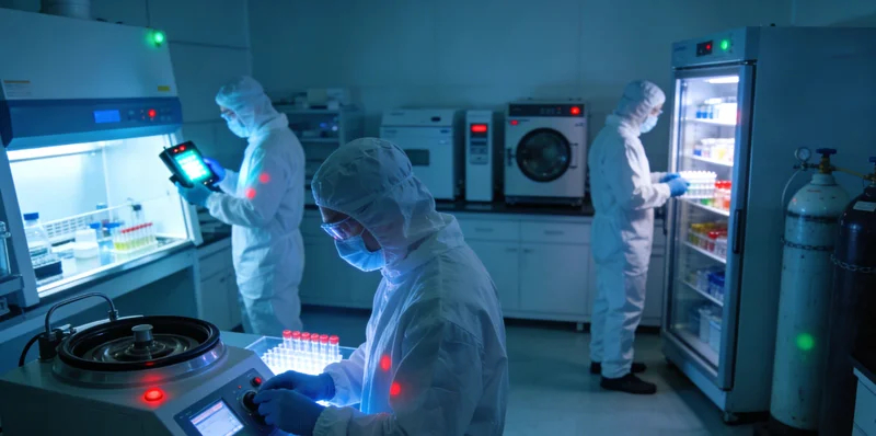 专业医学实验室内部，技术人员正