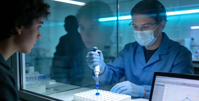 专业基因检测实验室内部,技术人员正在操作先进的测序仪器