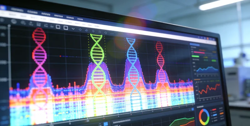 电脑屏幕上显示着复杂的基因序列