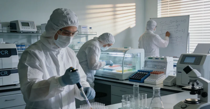 整洁规范的基因检测实验室，技术人员正在操作精密仪器