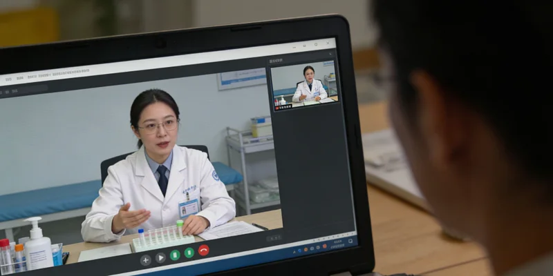 泰安一个家庭正在与医疗人员沟通