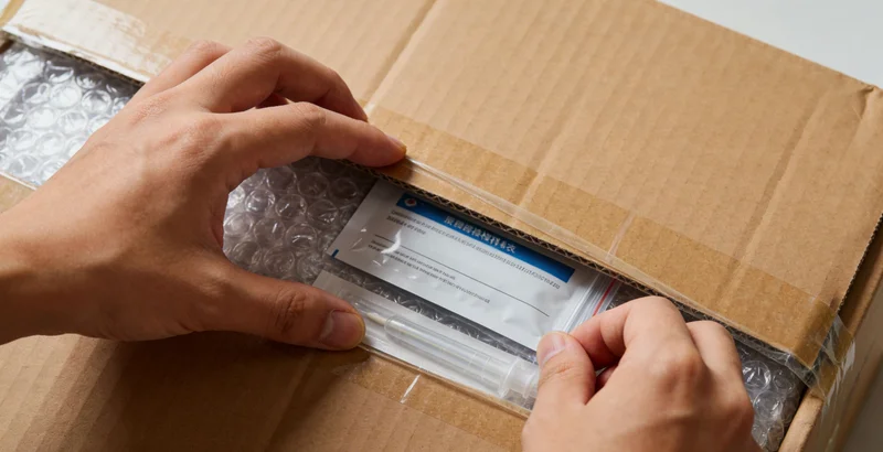 摆放在桌上的宫颈癌基因检测居家采样套件，包含说明书、采样刷和回寄袋