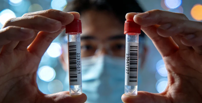 医生正在阅片，背景为肺部CT影