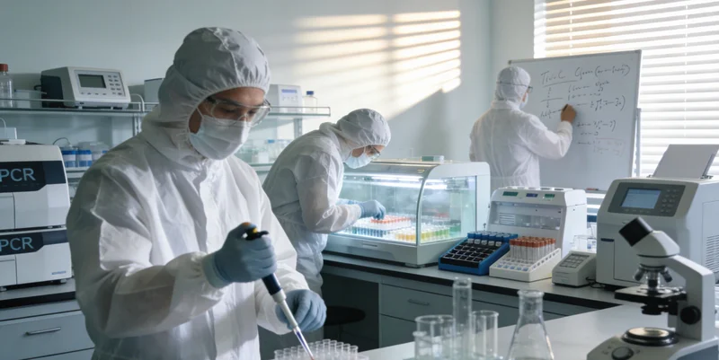 科研人员在实验室内进行基因测序分析，旁边放着清晰的检测报告