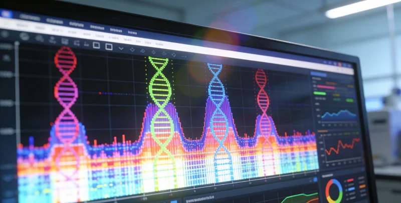 电脑屏幕上显示着复杂的基因数据