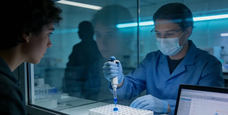 专业人士在实验室分析基因检测报告并进行解读