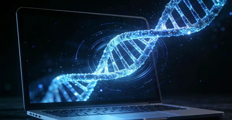 概念图:一个放大镜聚焦在DNA