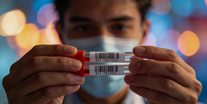 医生正在分析脑部影像资料,背景有脑部CT图