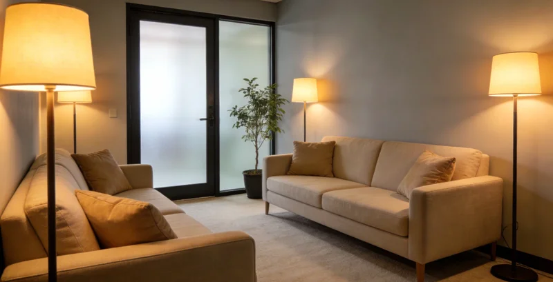 医生正在诊室内与脑胶质瘤患者家属沟通病情,墙上显示着脑部影像图