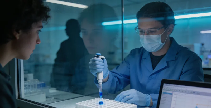 检验科专业人员在实验室中专注地