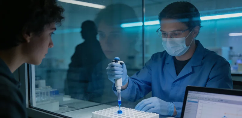 专业人员正在向市民解读基因检测报告,背景有DNA双螺旋结构示意图