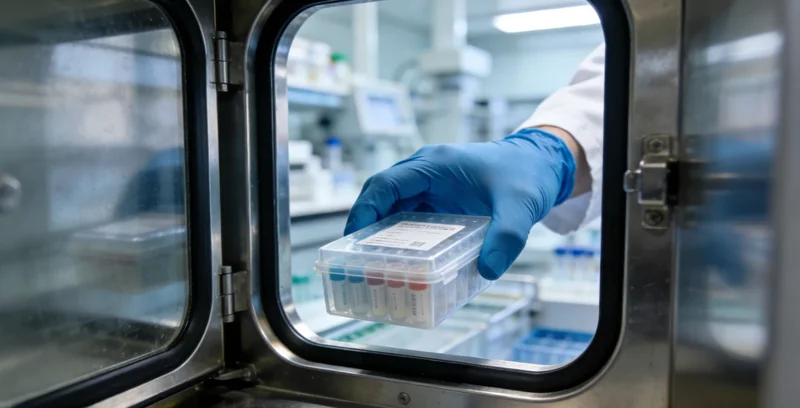 清晰的基因检测报告示意图，旁边有专业的本地医学顾问正在向患者家属进行耐心解读